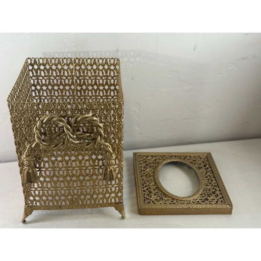 Vintage Hollywood Regency Gold Filigree Tassel Tissue Box Holder Cover Ornate